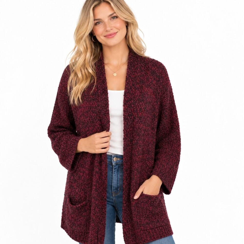 Talulah Marled Open Cardigan Womens Large Burgundy Black Pocket Lounge Rustic